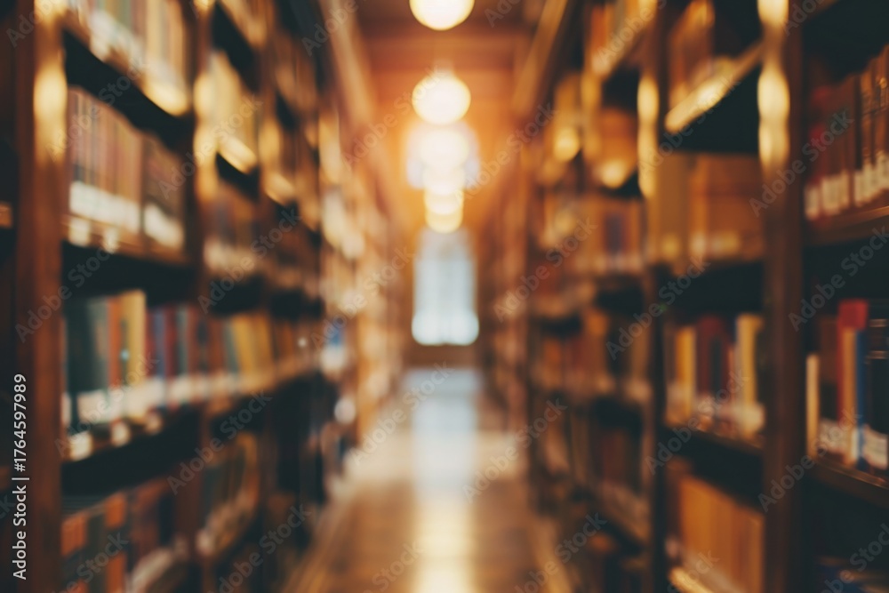 Fototapeta premium Blurred view of a library aisle with books
