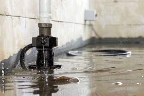 Water pump in flooded basement with standing water