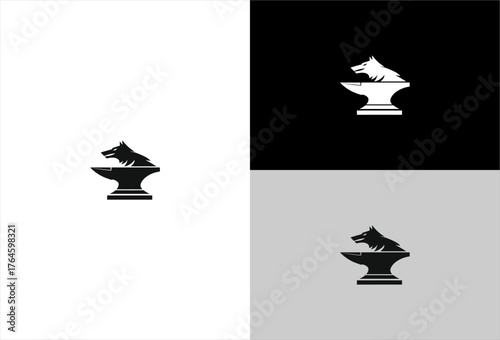 Stylized wolf head sitting on a blacksmith's anvil in grayscale