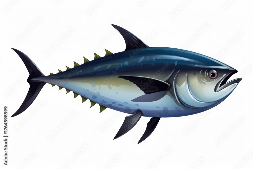 Naklejka premium Realistic digital illustration of a tuna fish, showcasing its sleek body and powerful fins as it navigates the deep blue