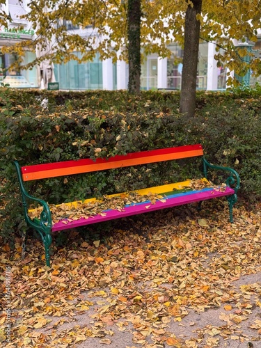 colorful rainbow bench in autumn park