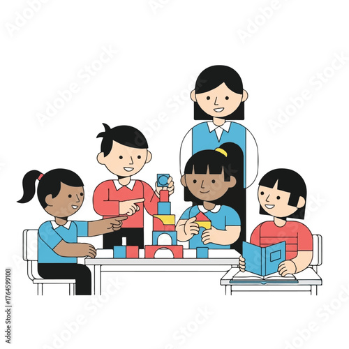 Children enjoy a vibrant learning environment, playing with blocks and reading under adult guidance, fostering early development and social skills