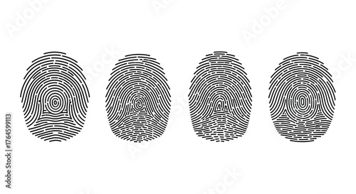 Four unique fingerprints displayed in a row showing identification and security concepts vector