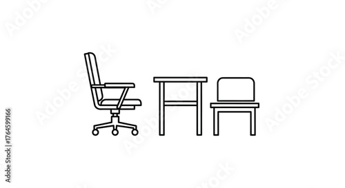 Minimalist line art office furniture set featuring swivel chair desk and chair arrangement vector