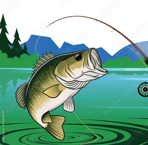 Large bass fish leaping out of lake water while being caught by angler