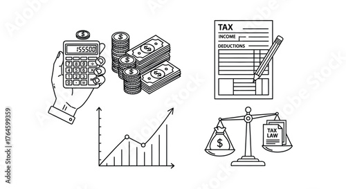 Hand-drawn financial icons calculator money graph tax form and scales representing business concepts vector