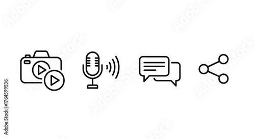 Set of simple line icons for media communication and sharing functions vector