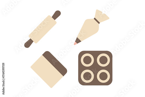 Collection of essential kitchen tools for baking pastries including rolling pin and piping bag