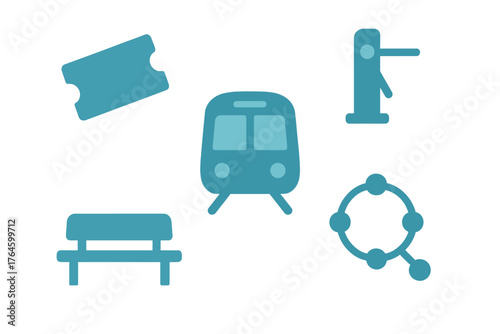 Public transportation symbols including train ticket bench turnstile and route map elements