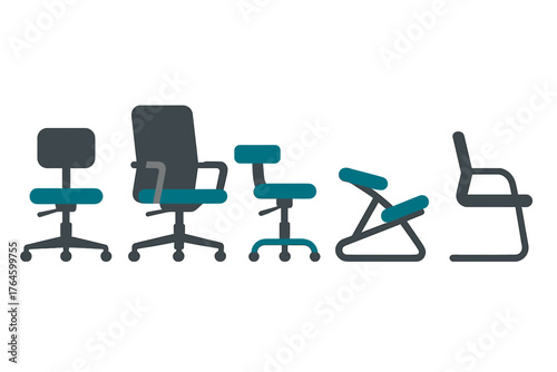 Set of modern office chairs including ergonomic, kneeling, swivel, and standard desk seating