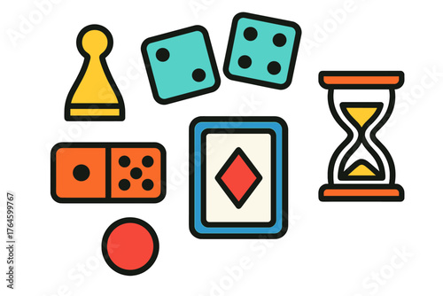Colorful collection of classic tabletop game components including dice, domino, pawn, and hourglass