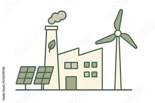 Industrial facility powered by solar panels and wind turbine generating clean energy