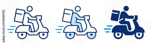 Scooter delivery icons. Representing fast shipping, food service, and courier logistics.
