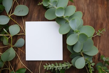 Silver dollar eucalyptus leaves creating a border around a blank white card on a rustic wooden background, providing a natural and elegant setting for a message or invitation
