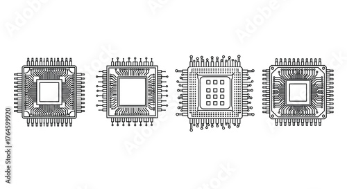 Close-up overhead view of four electronic integrated circuit microchips with pins vector