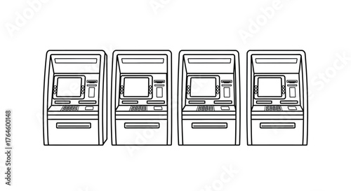 Multiple atm machines lined up showing a financial service concept with modern banking technology vector