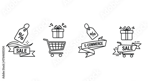Hand drawn shopping icons featuring sale tags gift boxes and shopping carts for e-commerce promotions vector