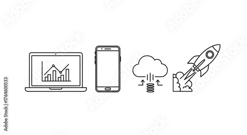 Startup success business growth technology innovation rocket launch digital marketing strategy laptop smartphone cloud vector