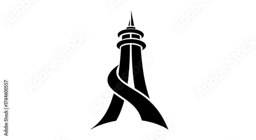 Black tower silhouette with ribbon design representing remembrance and solidarity.
