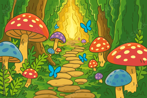 fantastic landscape . Forest with mushrooms and butterflies. illustration to the fairy tale "Alice in Wonderland"	
