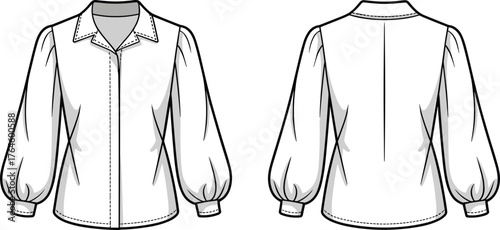 Women’s blouse flat sketch, CAD drawing, long sleeve shirt, pointed collar, button front, vector template, garment design, technical fashion illustration