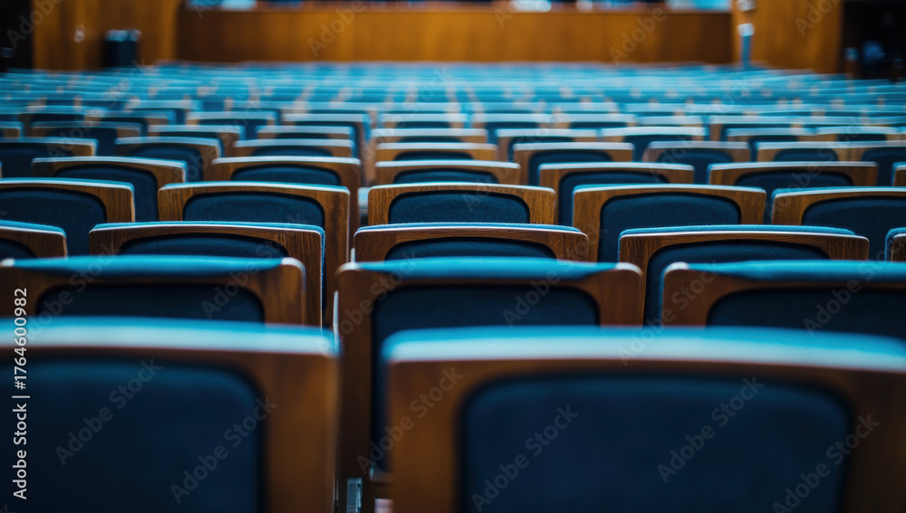 Fototapeta premium Empty rows of red and blue seats in a cinema or theater auditorium