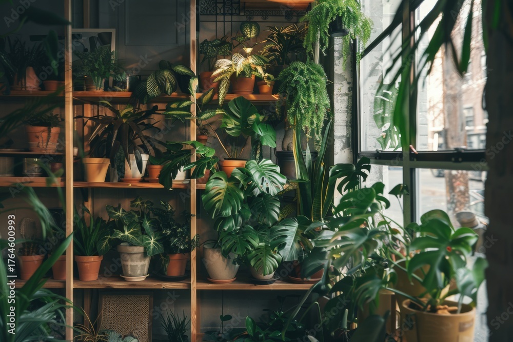 Fototapeta premium Lush indoor plant display in a cozy setting