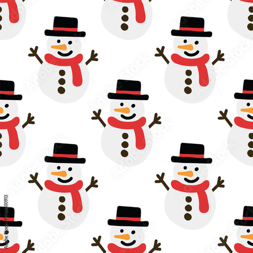 Christmas snowman pattern. A funny snowman in a hat. Illustration for fabric and gift wrapping.