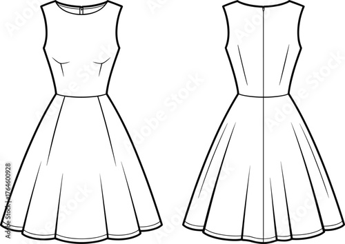 Women’s sleeveless dress flat sketch, CAD drawing, flared skirt, round neckline, vector template, garment design, technical fashion illustration, apparel pattern