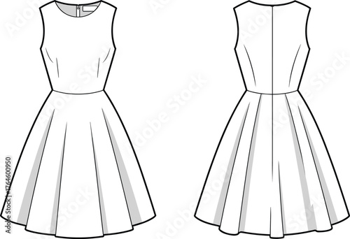 Women’s sleeveless dress flat sketch, CAD drawing, princess seam bodice, flared skirt, vector template, garment design, technical fashion illustration, apparel