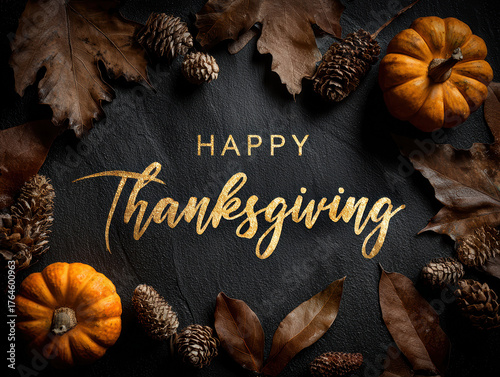 Festive Thanksgiving scene on a dark rustic background with a central pumpkin, Happy in gold cursive above, Thanksgiving below flanked by acorns Autumnal colors and subtle shadows crea - AI-Generated