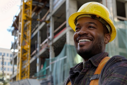 Smiling man in hard hat at construction site