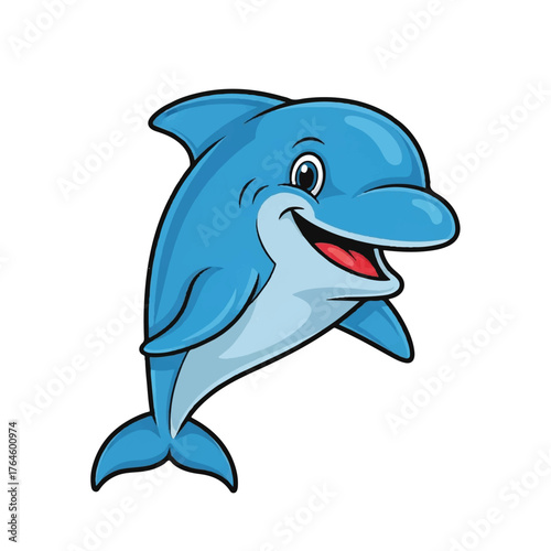 Vibrant blue cartoon aquatic mammal illustration, depicting a cheerfully smiling dolphin playfully leaping, perfect for children's content, marine life projects, and joyful summer designs