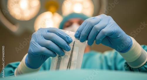 Close-up of nurse in blue gloves carefully unwrapping sterile surgical instruments in operating room. Perfect for healthcare, surgery prep, and sterile environment content.