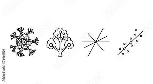 Set of four abstract graphic icons representing nature science technology and data analysis vector