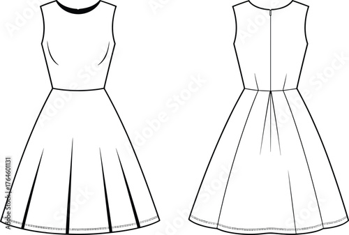 Women’s sleeveless dress flat sketch, CAD drawing, pleated skirt, round neckline, vector template, garment design, technical fashion illustration, apparel pattern