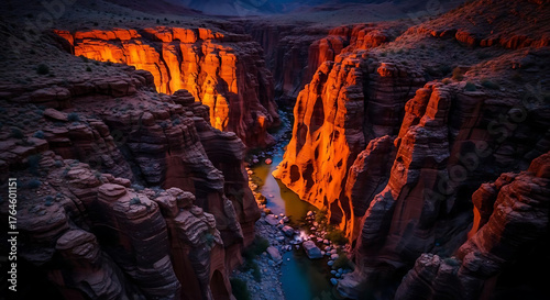 Aerial view of a canyon with a river running through it during sunset with orange rock formations ai generated