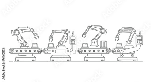 Automated robotic arms on conveyor belts industrial manufacturing assembly line production process vector