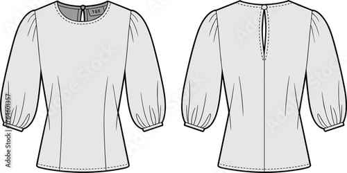 Women’s blouse fashion flat sketch, CAD drawing, puff sleeve top, round neck, vector template, garment design, technical illustration, apparel