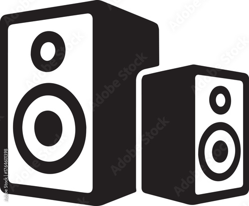 Two speakers depicted in a black and white design, showcasing a minimalist and modern aesthetic.