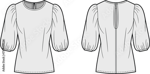 Women’s blouse flat sketch, puff sleeve princess seam design, round neckline fitted garment drawing, keyhole back fashion illustration, cad drawing flat vector illustration