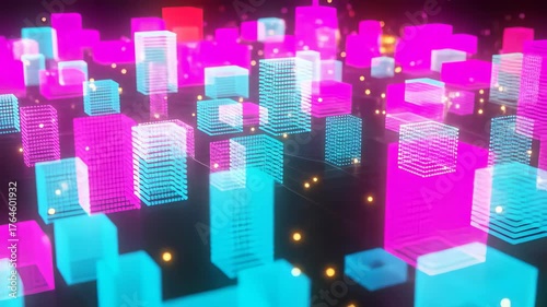 Futuristic digital cityscape featuring vibrant neon lights, glowing buildings, and dynamic urban environment illuminated by colorful technology driven structures and glowing cubes, showcasing high