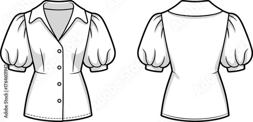 Women’s blouse flat sketch, puff sleeve fitted waist design, pointed collar button down garment drawing