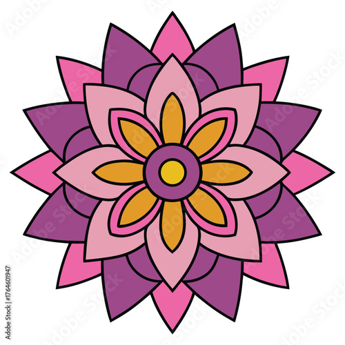 Vector art of a mesmerizing symmetrical flower design with a vibrant mix of pink, purple, and gold tones, creating an eyecatching visual