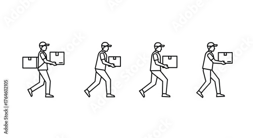 Line art delivery person carrying boxes in sequence of motion for shipping and logistics vector