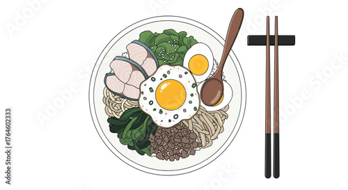 Delicious Korean Bibimbap Bowl with Egg and Vegetables.