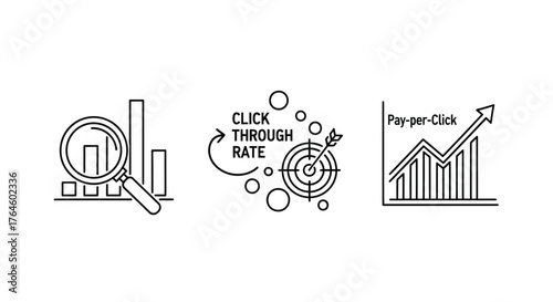 Business growth and success concepts magnifying glass target and charts icons set vector