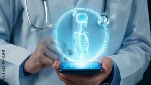 Futuristic Medical Imaging with Digital Hologram of Human Skeleton and Skull Showcasing Advanced Healthcare Technology and 3D Visualization for Medical Professionals