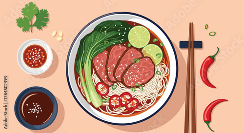 Delicious Asian Noodle Soup with Meat and Vegetables.