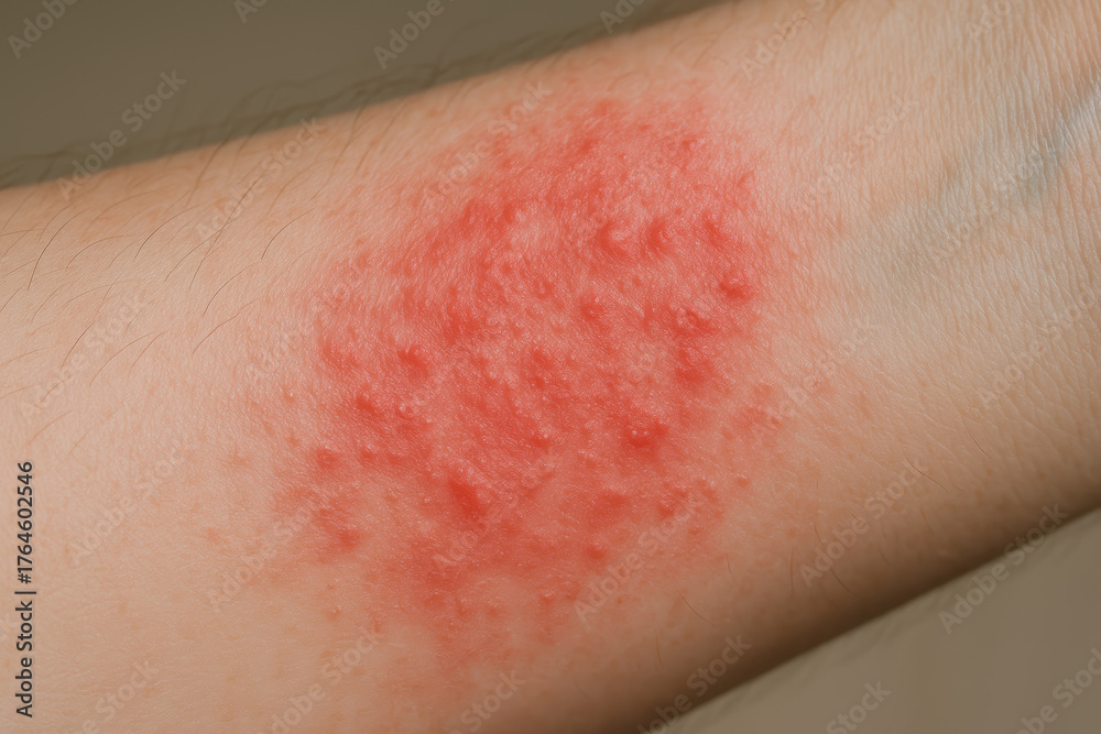 Fototapeta premium Rash caused by allergy and dermatitis shows red inflamed skin with irritation and swelling on forearm surface